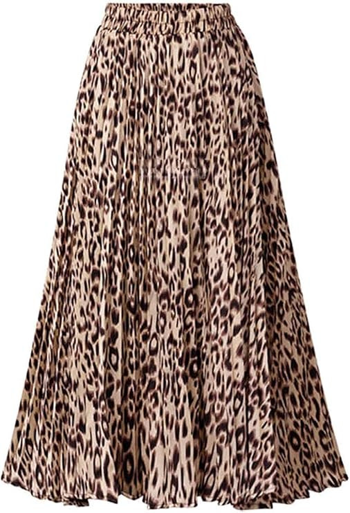 Basoteeuo Womens Skirt Leopard Print Midi Long Shirring Pleated Skirts High Waisted A Line Skirts | Amazon (US)