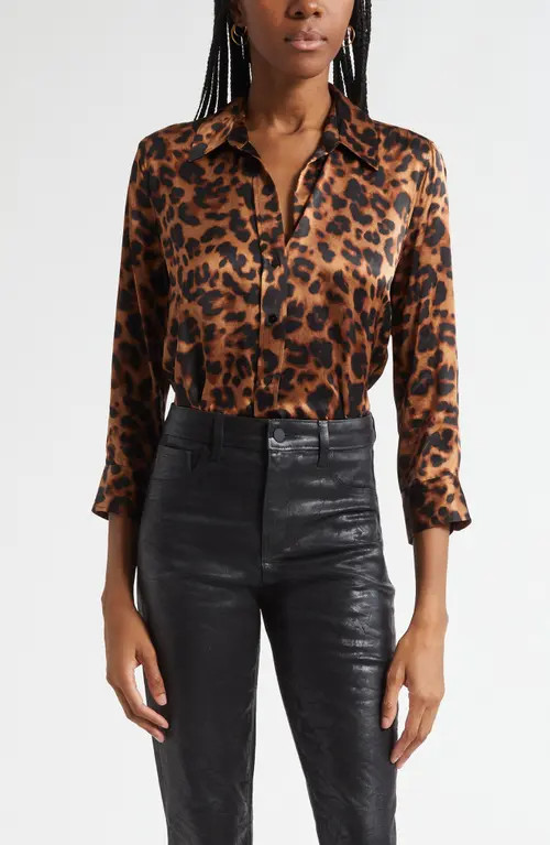 L'AGENCE Dani Leopard Print Silk Button-Up Shirt in Brown Multi Amur Leopard at Nordstrom, Size Medium | Nordstrom