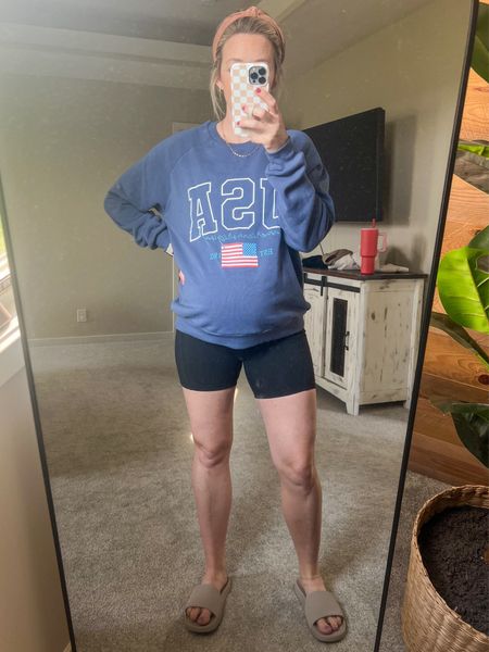 Target USA sweatshirt 
Amazon maternity biker shorts 
Target slides 

#LTKBump #LTKSeasonal #LTKShoeCrush