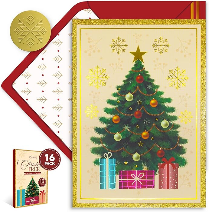 Decorably 16 Pack Glittery, Gold Foil & Embossed 5x7in Boxed Christmas Cards with Envelopes Moder... | Amazon (US)