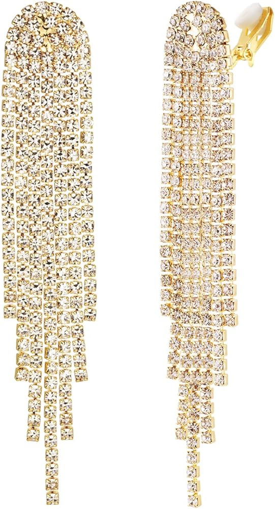 Mlouye 3.3"L Rhinestone Earrings Dangling Long Fringe Crystals Chandelier Dangle Drop Earrings fo... | Amazon (US)