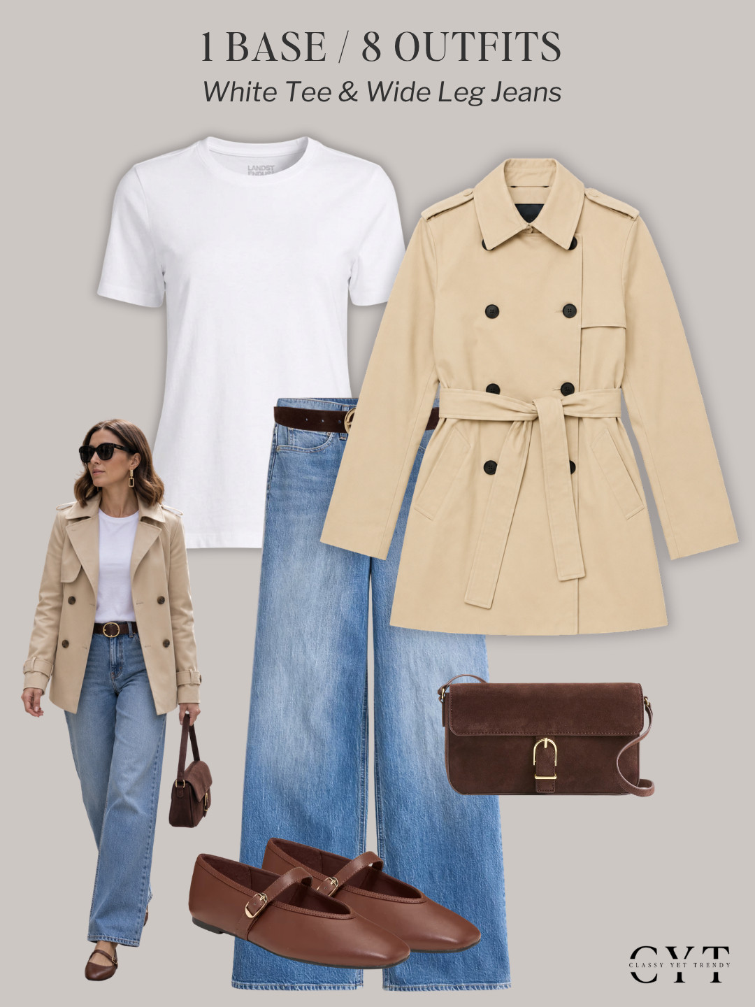 1 Base, 8 Outfits 🎉 8 ways to wear two classic and timeless wardrobe staples: a white tee and wide leg jeans ✔️ Mix and match layers, shoes and accessories to create different looks.  All clothes, shoes and accessories are in the French Minimalist Fall 2026 Capsule Wardrobe, plus a leopard pattern cardigan and a blue button-down shirt. 🍂

how to style, outfit ideas, elevated outfit, wardrobe essentials, cardigan, jacket, blazer, leopard cardigan, ballet flats, trench coat, sweater, pumps, loafers

#trenchcoat #blazerstyle #balletflats #autumnstyle #waystowear  

 