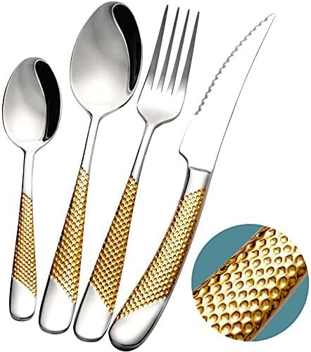 Xideman 16 Piece Hammered Silver Gold Silverware Set, Modern Golden 18/10 Stainless Steel Flatwar... | Amazon (US)