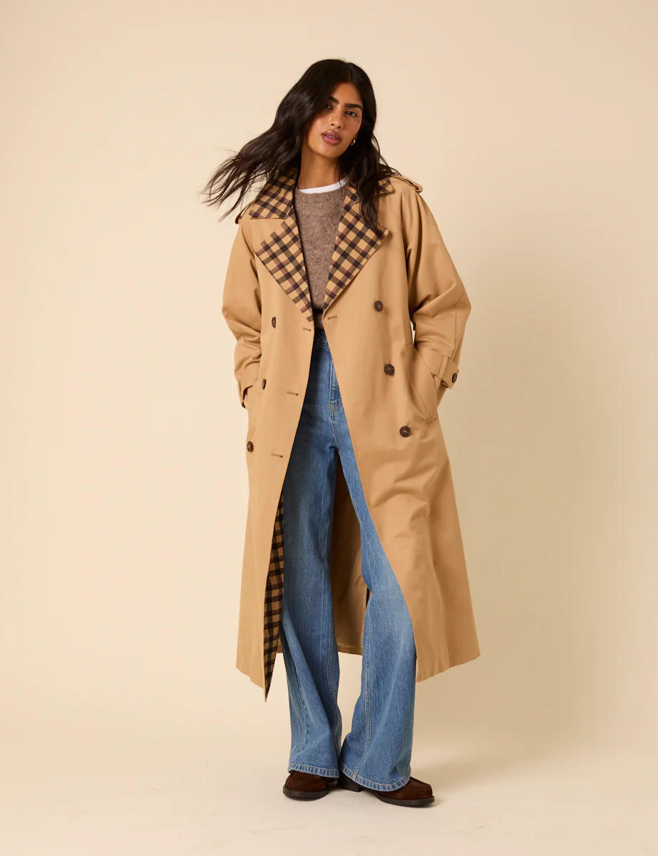 Beige Check Trim Trench Coat | Nobody's Child