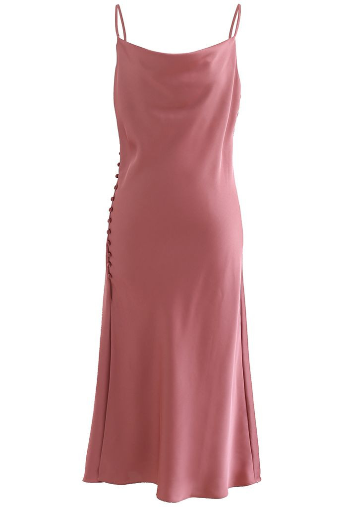 Buttoned Side Split Hem Satin Cami Dress in Coral | Chicwish