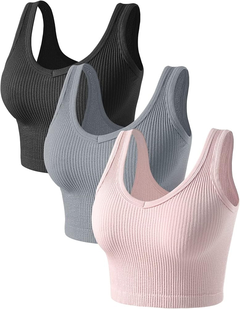 Womens Crop Tops Basic Sleeveless Both V-Neck and Round Neck 3 Pieces Black White Ribbed Seamless... | Amazon (US)