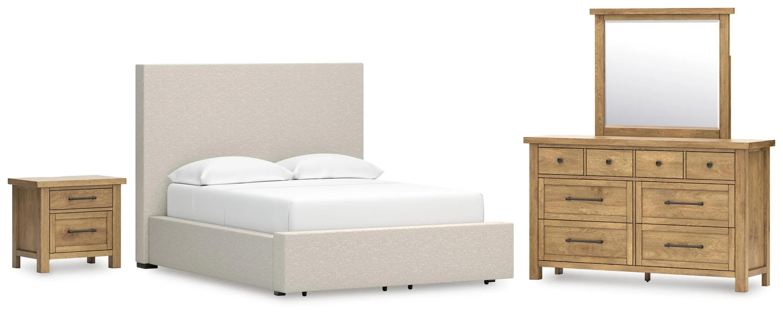 Kristiland Queen Upholstered Storage Bed with Mirrored Dresser and Nightstand, Light Brown | Ashley