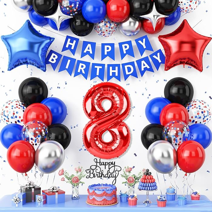 8th Birthday Decorations Red Black Blue,8th Party Balloons for Boys Kids Number 8 Balloon Star Fo... | Amazon (US)