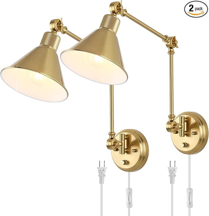TRLIFE Wall Sconces Plug in, Dimmable Wall Sconces Brushed Brass Swing Arm Wall Lights Plug in Wa... | Amazon (US)