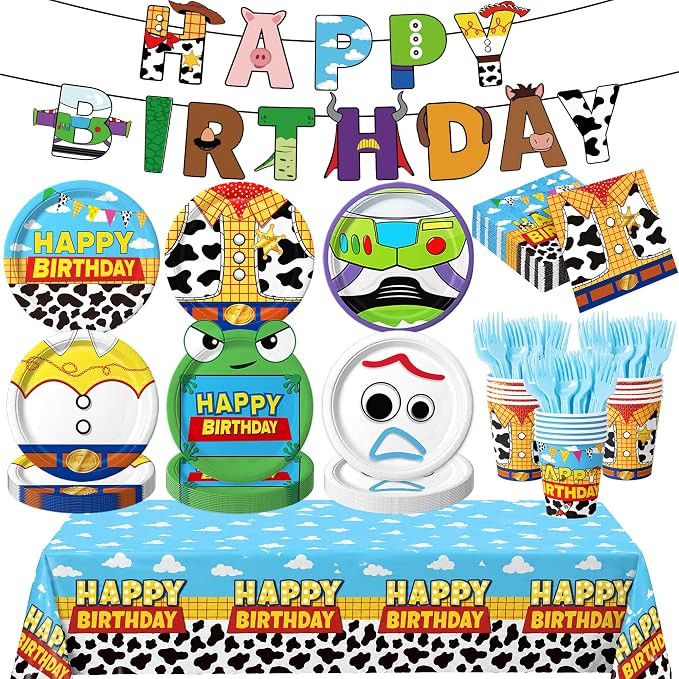 Cartoon Birthday Party Supplies Set, All-in-One Decorations Kit with 9-inch Plates, Napkins, Cups... | Amazon (US)