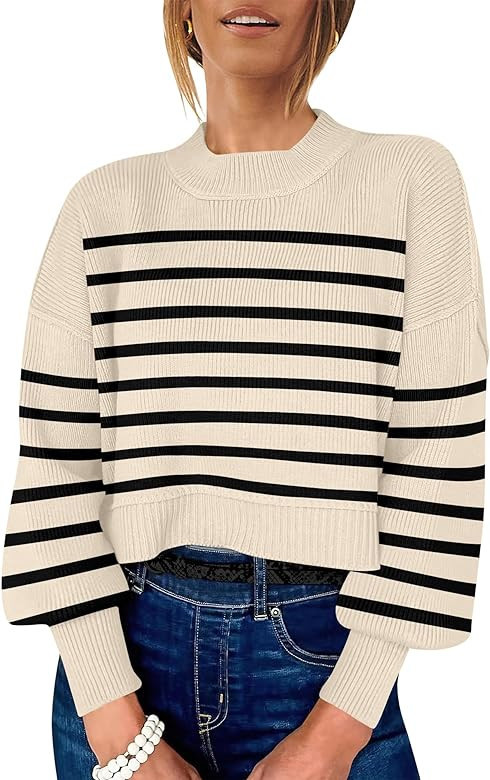 ANRABESS Women Crewneck Cropped Sweater Batwing Sleeve 2023 Trendy Oversized Side Slit Ribbed Kni... | Amazon (US)