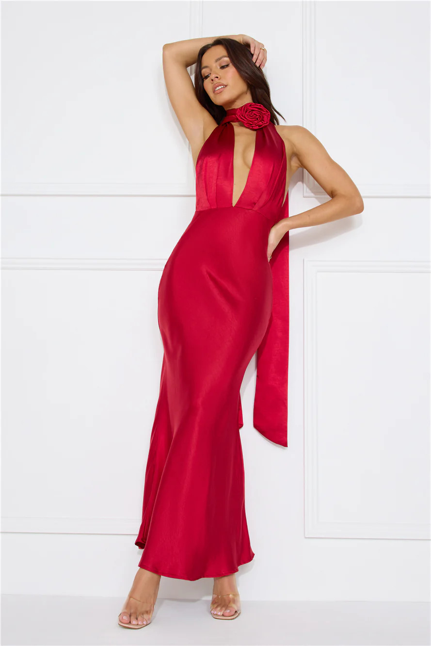 Stolen Style Points Halter Satin Maxi Dress Red | Hello Molly (AU)