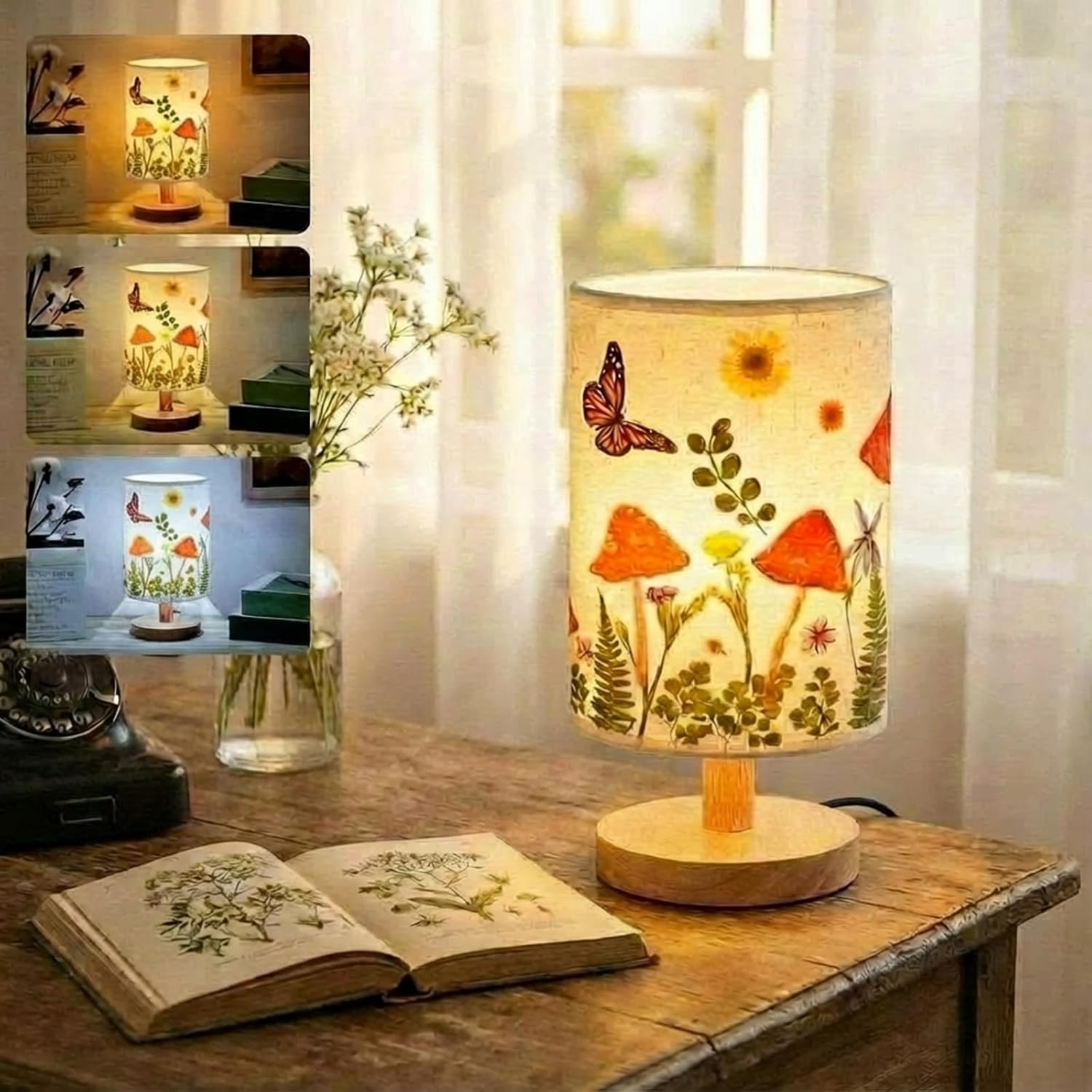 Pressed Flower Vintage Table Lamp,Mushroom Pattern | Cottagecore Boho Rustic Night Light, Gift Bo... | Amazon (US)
