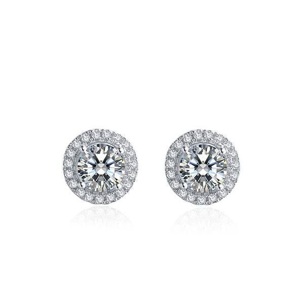 Platinum Plated Silver Moissanite Halo Stud Earrings in 4 Prongs (CERTIFIED) - 6.5 MM | Bed Bath & Beyond