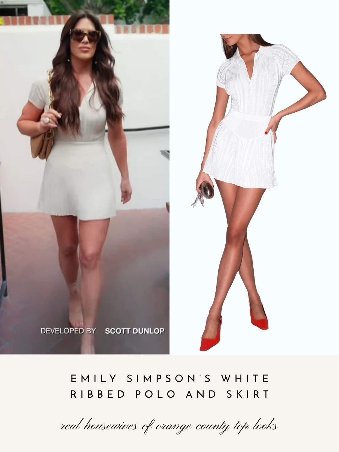 Emily Simpson’s White Ribbed Polo and Skirt