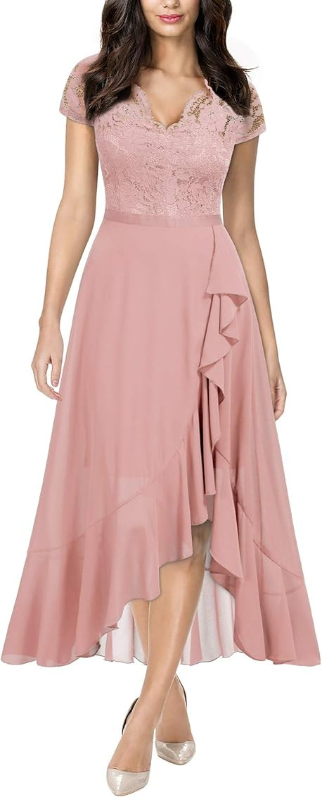 Miusol Women's V Neck Elegant Lace Ruffle Bridesmaid Maxi Dress | Amazon (US)