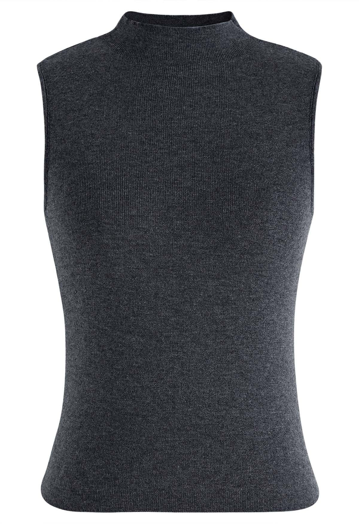 Mock Neck Wool-Blend Sleeveless Top in Smoke | Chicwish