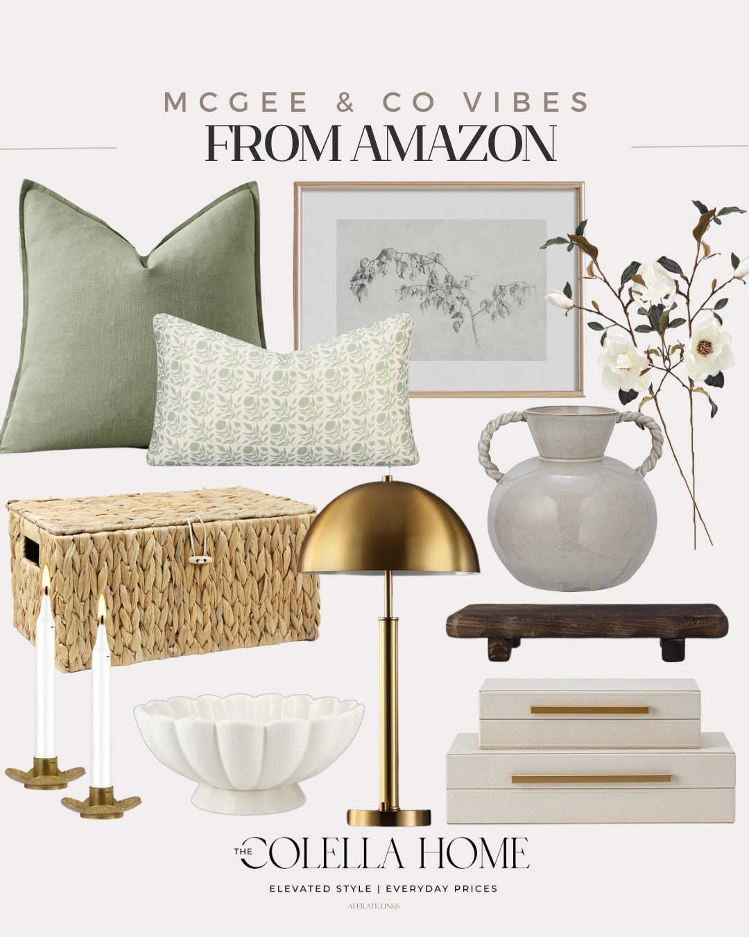 Designer looks for less include greenery stems, vase, wall art, throw pillows, gold lamp, decorative basket, bowl, candle stick holders, wooden tray, decorative boxes.

Home decor, designer looks for less, home accents, McGee and co

#LTKSeasonal #LTKvlog #LTKHome