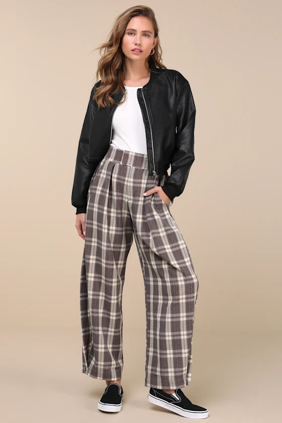 Uniquely Stylish Grey and Mauve Plaid High Rise Wide-Leg Pants | Lulus