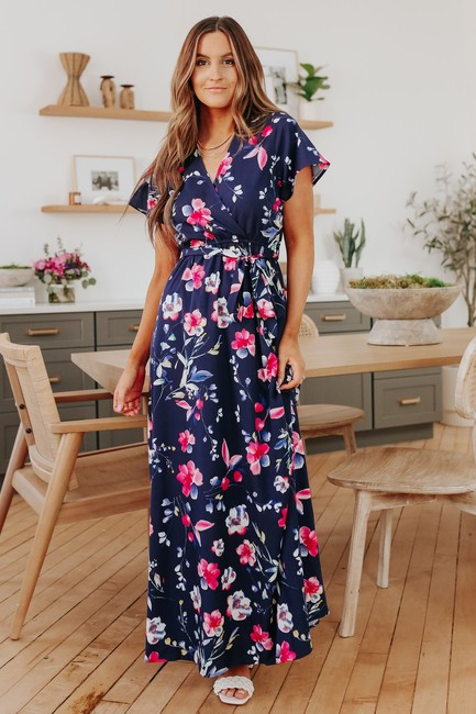 Short Sleeve Tie Waist Navy Floral Maxi | Magnolia Boutique
