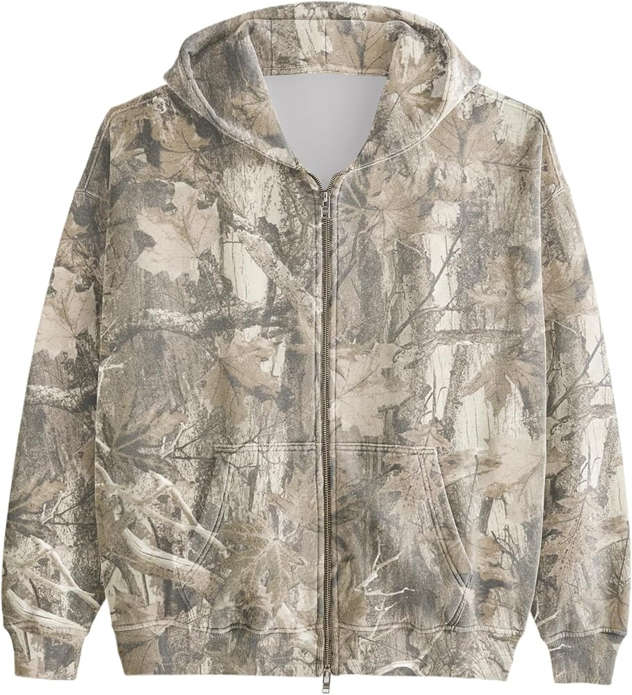 Womens Mens Camo Zip Up Hoodie Maple Leaf Print Oversized Hooded Sweatshirt Fleece Long Sleeve Ja... | Amazon (US)
