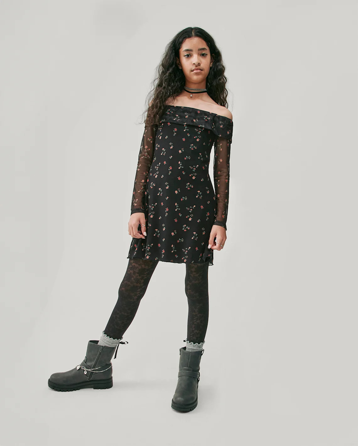 Tween Girls Floral Mesh Off-Shoulder Dress - black | The Children's Place