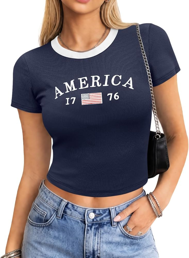 Clarisbelle Women's 4th of July Crop top American Flag Embroidery Y2K USA Patriotic Ribbed Short ... | Amazon (US)