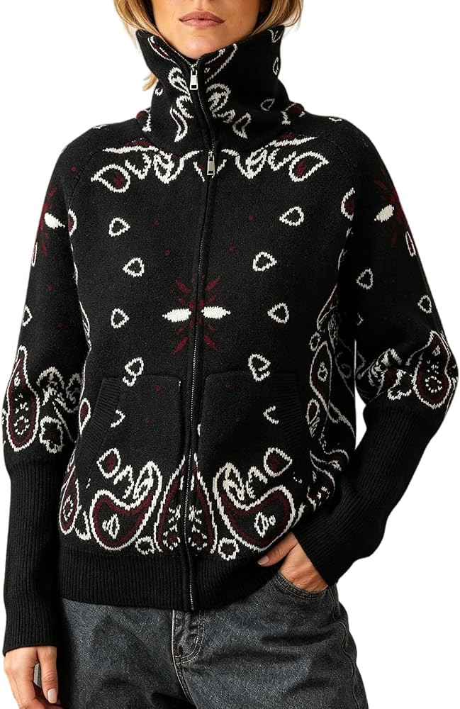 Women Zip Up Cardigan Sweater Stand Collar Knit Printed Sweater | Amazon (US)