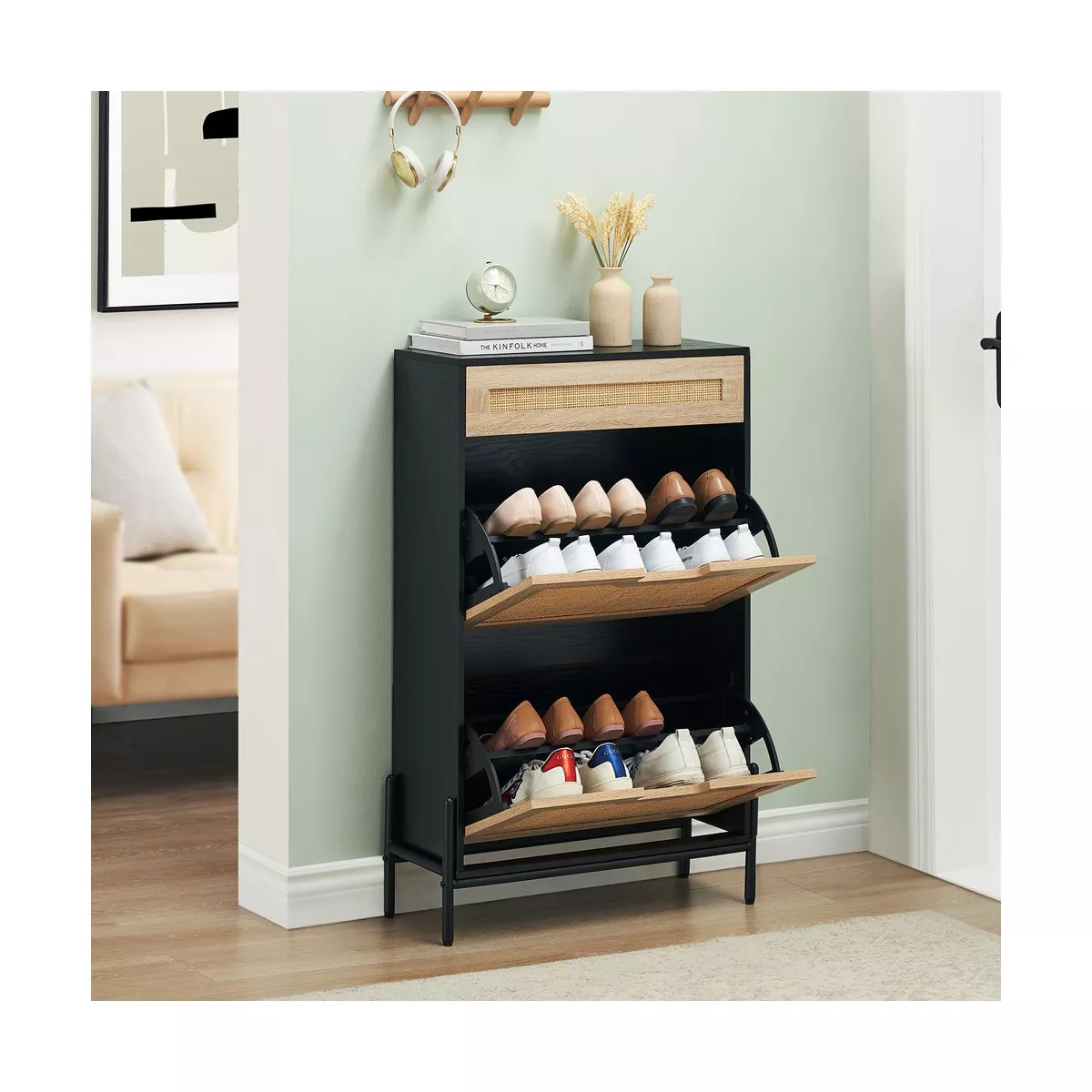 Whizmax Natural Rattan 2 Flip Door with 1 Drawer Shoe Cabinet Organizer Freestanding, Shoe Rack S... | Target