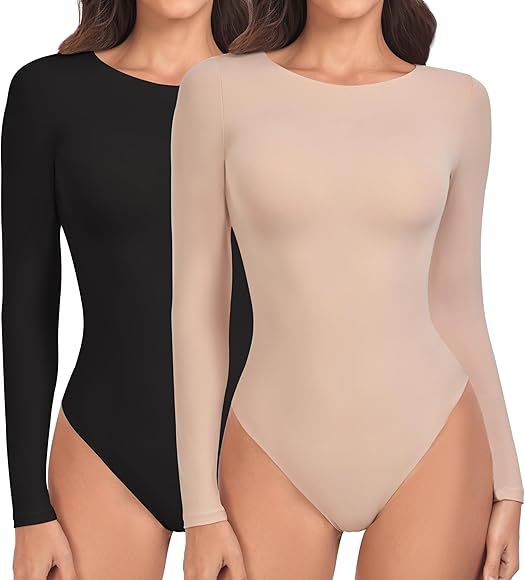 TDIFFUN Women’s Long Sleeve Crew Neck Bodysuits Tops Double-Layer Skin-Friendly Naked Feeling Tops | Amazon (US)