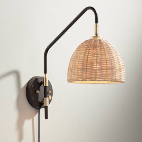 Vega Bronze and Brass Rattan Shade Plug-In Wall Lamp | LampsPlus.com