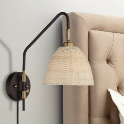 Vega Bronze and Brass Rattan Shade Plug-In Wall Lamp | LampsPlus.com