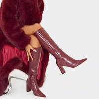 Outstanding Pointed Toe Knee High Heeled Boot In Burgundy Faux Leather, Women's Size UK 9 | EGO (UK)