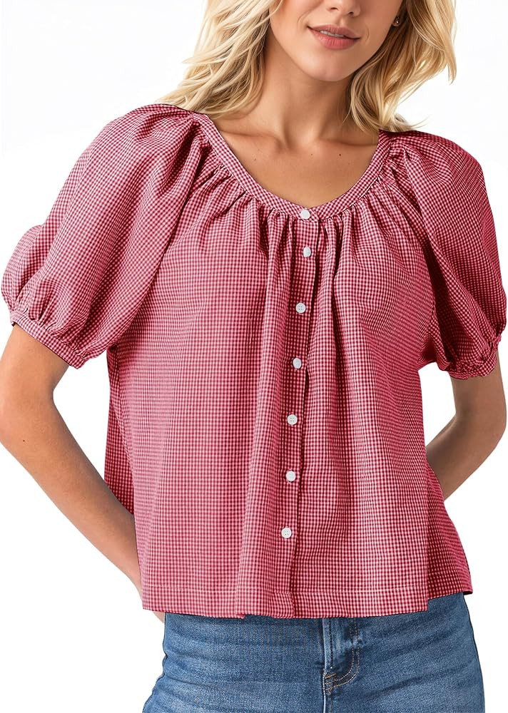 MISSACTIVER Plaid Puff Short Sleeve Shirts Women Button Down Crew Neck Babydoll Tops Summer Flowy... | Amazon (US)