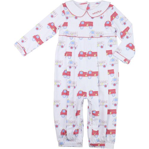 Red And White Knit Firetruck Long Romper | Cecil and Lou