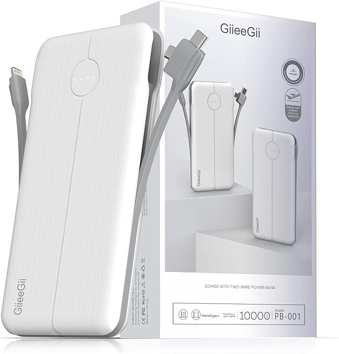 Portable Charger with Built in Cable, GiieeGii Cell Phone Battery Backup 10000mAh Output Power Ba... | Amazon (US)