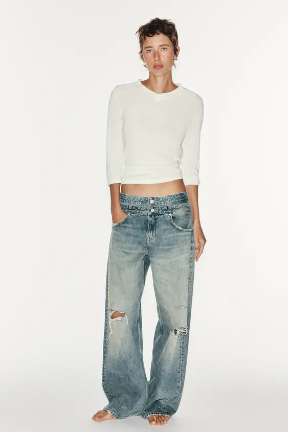 TRF STRAIGHT-FIT DOUBLE WAISTBAND MID-RISE JEANS | Zara US