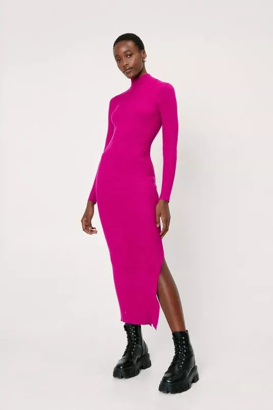 Contour Ribbed High Neck Knitted Midi Dress | Nasty Gal (US)