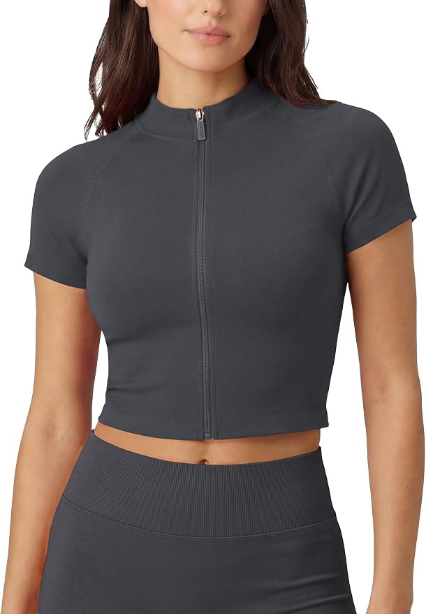 AUROLA Workout Tops for Women, Short Sleeve Gym Shirts Seamless Slim Fit Zip Up Yoga Jacket Crop ... | Amazon (US)