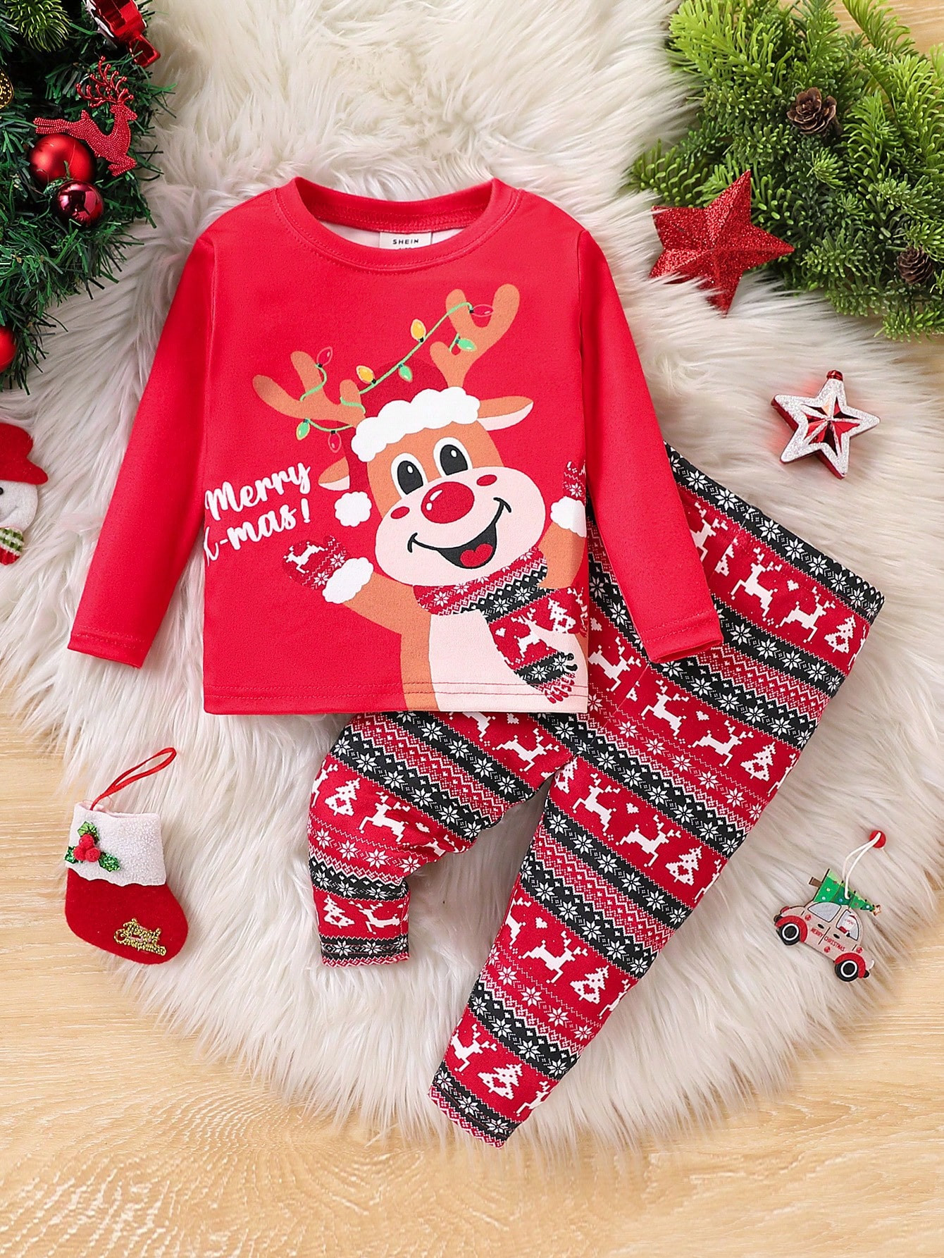 Young Boy's Casual Minimalist Reindeer Print Snug Fit Long Sleeve Crew Neck Jumpsuit, Fleece Line... | SHEIN