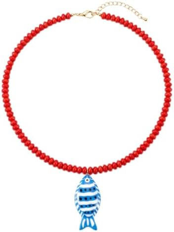 Boho Beaded Fish Necklace for Women Red Blue Beaded Fish Pendant Necklace Colorful Resin Long Nec... | Amazon (US)
