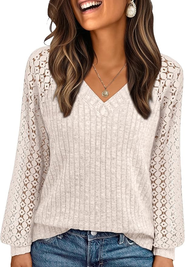 AUTOMET Women Summer Tops Spring Fashion 2026 Lace Long Sleeve Shirts Fall Sweaters Dressy Casual... | Amazon (US)