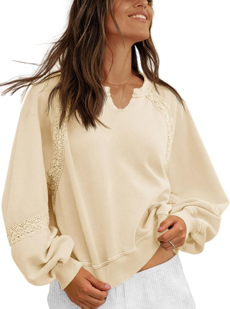 Fisoew Womens Casual Oversized Sweatshirt Cropped V Neck Lace Fall Tops | Amazon (US)