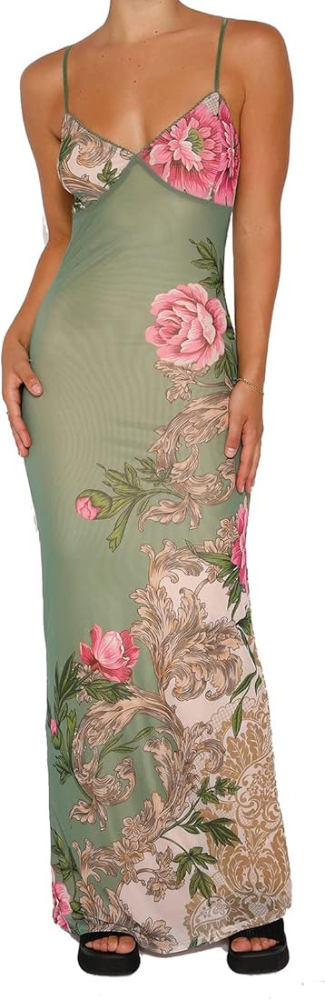 HOXIJIA Women Sleeveless Maxi Dress Backless Bodycon Floral Printed Spaghetti Strap Long Dress Ho... | Amazon (US)