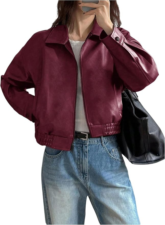 Women's Y2K Faux Leather Jacket Zip Up Crop Bomber Jacket Going Out Motor Bike Motorcycle Coat St... | Amazon (US)