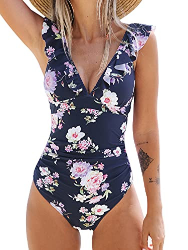 CUPSHE Women's One Piece Swimsuit Ruffle V Neck Lace Up Bathing Suit, M Navy Floral | Amazon (US)