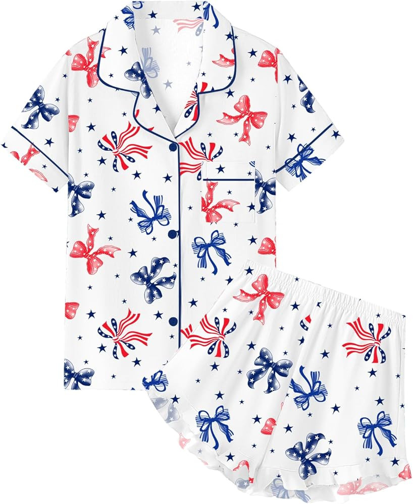 Girls & Women Pajama Sets 100% Cotton Sleepwear Button Down Short Sleeve With Ruffle Shorts PJS 5... | Amazon (US)