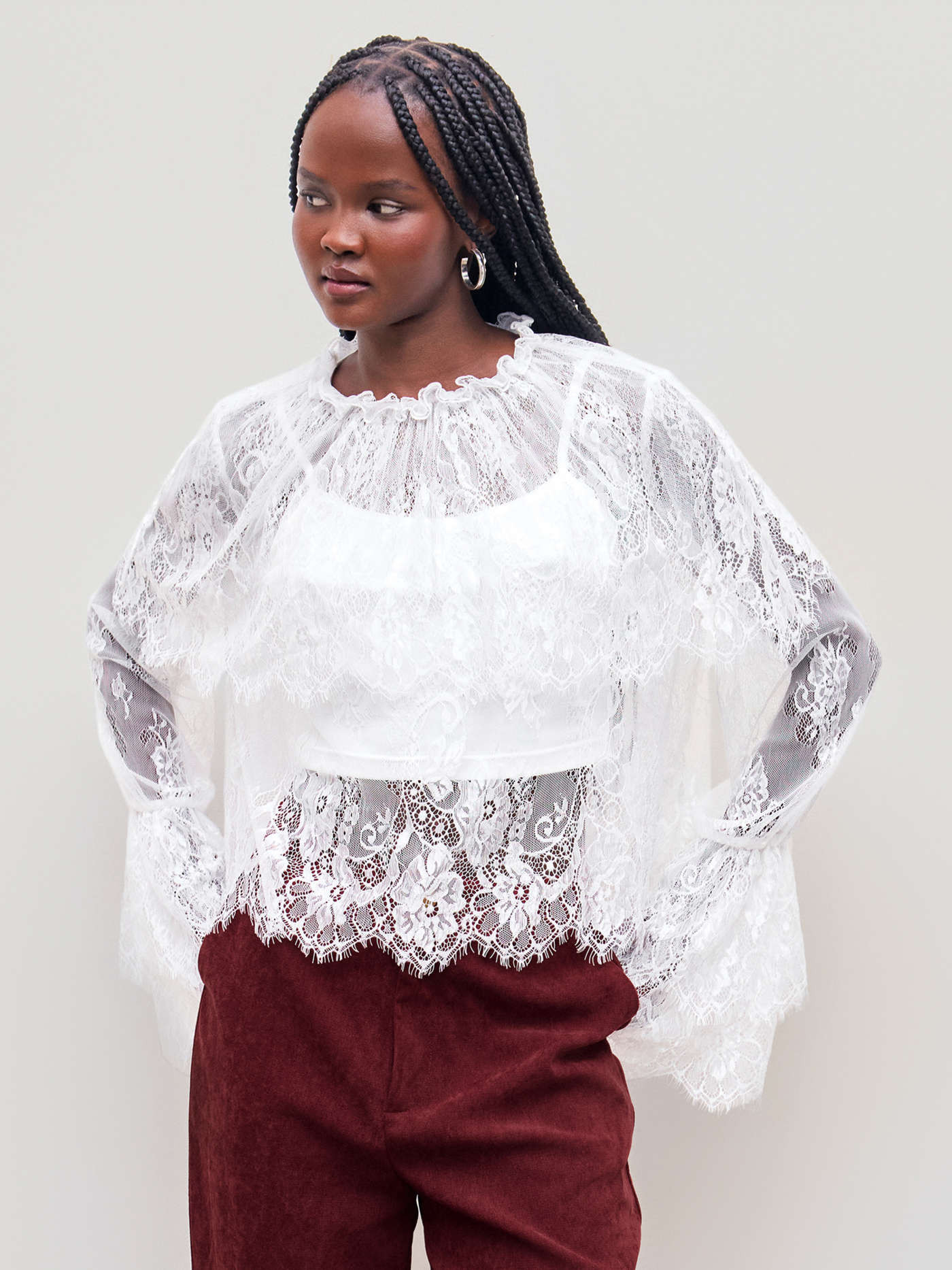 Lace Lace High Neck Layered Long Sleeve Blouse With Solid Crop Cami Top For Vacation Holiday | Cider