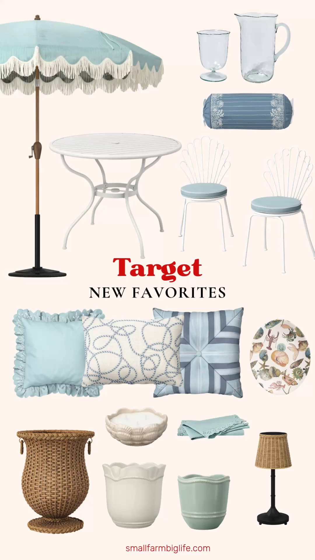 The new Studio McGee collection at Target is absolutely stunning and I am obsessed with every single piece! From the most beautiful blue and white outdoor throw pillows and a fringed dome patio umbrella to acrylic ruffled goblets, a beverage pitcher, shell dining chairs, a bistro table, ceramic planters, and a sealife serve platter, these are the pieces that make your outdoor space feel like a coastal retreat. Such gorgeous quality at Target prices. Linking everything below! 

 #LTKSeasonal #LTKHome