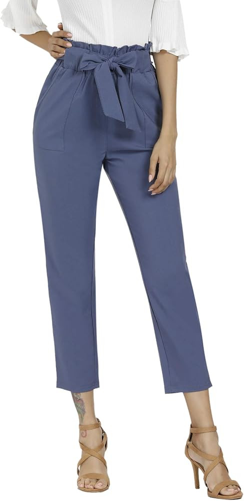 Freeprance Women's Pants Casual Trouser Paper Bag Pants Elastic Waist Slim Pockets | Amazon (US)